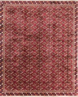 Full view of 1950s Samarkand rug from Uzbekistan, 544 × 460 cm in Dark red tones