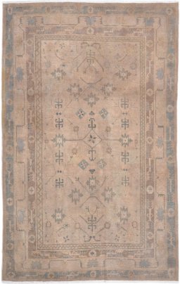 Full view of 1910s Antique Carpets rug from Uzbekistan, 239 × 152 cm in Brown tones