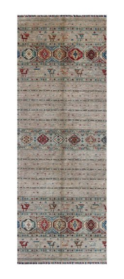 Full view of New Samarkand rug from Pakistan, 339 × 121 cm in Gray tones