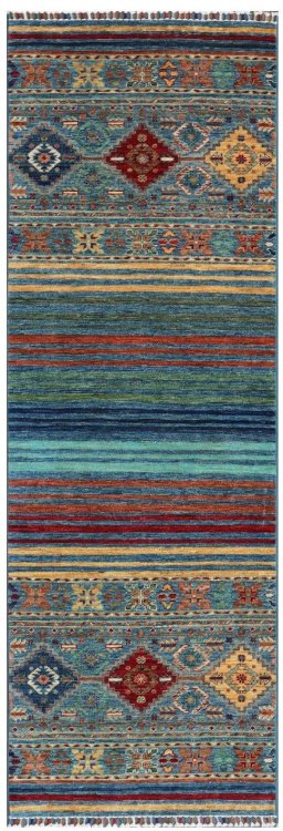 Full view of New Samarkand rug from Pakistan, 252 × 84 cm in Multi Color tones