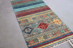Full view of New Samarkand rug from Pakistan, 252 × 84 cm in Multi Color tones