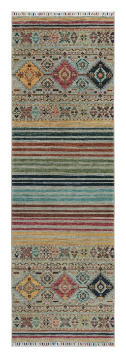 Full view of New Samarkand rug from Pakistan, 252 × 79 cm in Gray tones