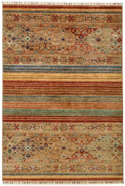 Full view of New Samarkand rug from Pakistan, 182 × 124 cm in Multi Color tones