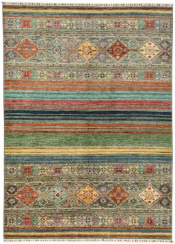 Full view of New Samarkand rug from Pakistan, 231 × 168 cm in Multi Color tones