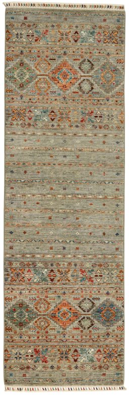Full view of New Samarkand rug from Pakistan, 244 × 79 cm in Gray tones