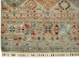 Full view of New Samarkand rug from Pakistan, 244 × 79 cm in Gray tones