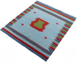 Corner detail of New Kilim Sofre rug showing border pattern and Wool pile
