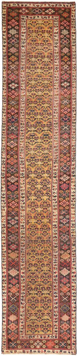 Full view of 1880s Antique Carpets rug from Iran / Persia, 443 × 90 cm in Yellow tones