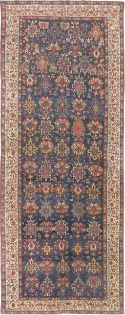 Full view of 1870s Antique Carpets rug from Iran / Persia, 575 × 222 cm in Dark blue tones
