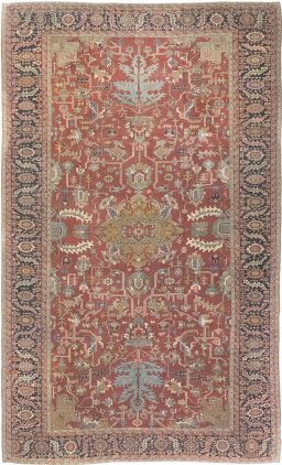 Full view of 1900s Antique Carpets rug from Iran / Persia, 636 × 400 cm in Dark red tones