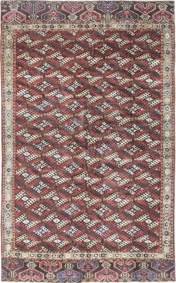 Full view of 1880s Antique Carpets rug from Uzbekistan, 330 × 202 cm in Brown tones