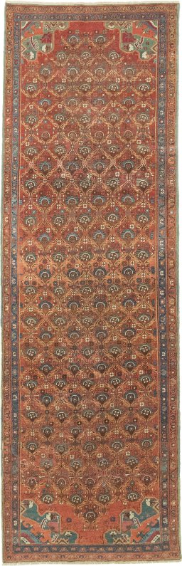 Full view of 1880s Antique Carpets rug from Iran / Persia, 348 × 108 cm in Red tones