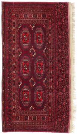 Full view of 1900s Antique Carpets rug from Uzbekistan, 148 × 75 cm in Dark red tones