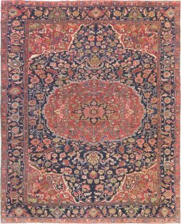 Full view of 1900s Antique Carpets rug from Iran / Persia, 418 × 351 cm in Dark blue tones