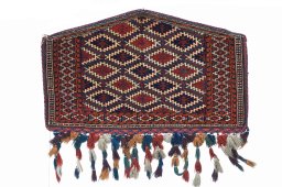 Full view of 1920s Antique Carpets rug from Uzbekistan, 114 × 71 cm in Multi Color tones