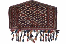 Full view of 1920s Antique Carpets rug from Uzbekistan, 114 × 71 cm in Multi Color tones