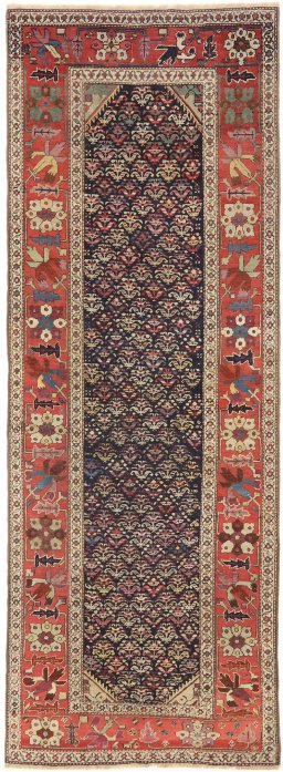 Full view of 1880s Antique Carpets rug from Iran / Persia, 318 × 117 cm in Dark blue tones