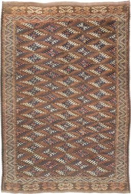 Full view of 1900s Antique Carpets rug from Uzbekistan, 305 × 211 cm in Brown tones