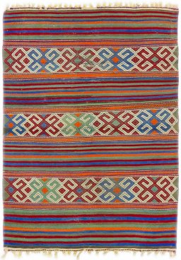 Full view of New Kilim Antique rug from Iran / Persia, 137 × 97 cm in Multi Color tones