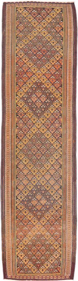 Full view of 1920s Kilim Antique rug from Iran / Persia, 419 × 109 cm in Brown tones
