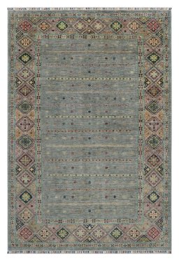 Full view of New Samarkand rug from Pakistan, 243 × 167 cm in Gray tones