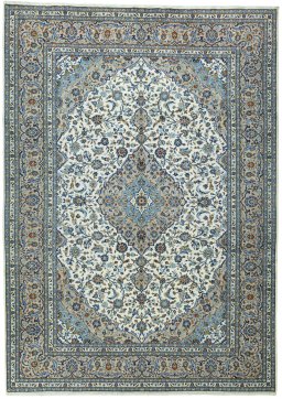 Full view of 2000s Kashan rug from Iran / Persia, 408 × 292 cm in Beige tones