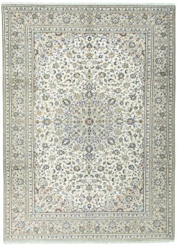 Full view of 2000s Kashan rug from Iran / Persia, 410 × 300 cm in Beige tones
