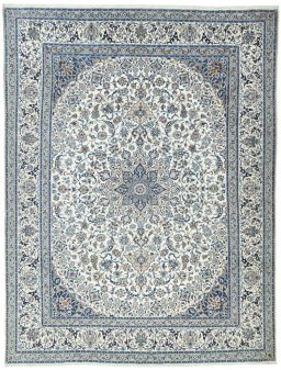 Full view of New Nain rug from Iran / Persia, 388 × 296 cm in Beige tones