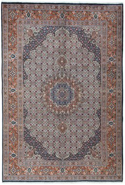 Full view of 2000s Moud rug from Iran / Persia, 296 × 200 cm in Beige tones