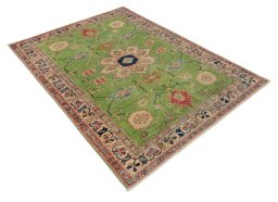 Corner detail of New Kazak rug showing border pattern and Wool pile