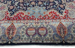 Full view of 1970s Kashmar rug from Iran / Persia, 406 × 298 cm in Blue tones