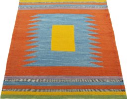 Close-up detail of New Kilim Sofre rug from Turkey showing Wool weave