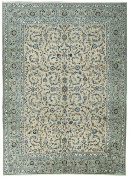 Full view of 2000s Kashan rug from Iran / Persia, 442 × 323 cm in Beige tones