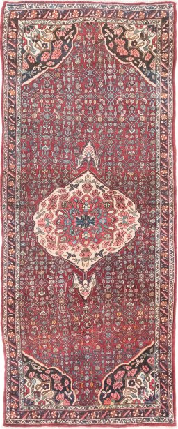 Full view of 1920s Bijar rug from Iran / Persia, 281 × 117 cm in Red tones