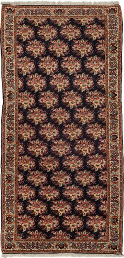 Full view of New Bijar rug from Iran / Persia, 231 × 77 cm in Dark blue tones