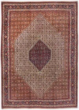 Full view of New Bijar rug from Iran / Persia, 335 × 255 cm in Beige tones