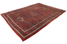 Corner detail of 1890s Bijar rug showing border pattern and Wool pile