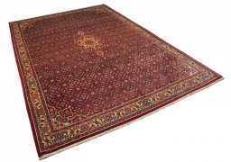 Corner detail of 1950s Bijar rug showing border pattern and Cork pile