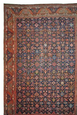 Full view of 1930s Bijar rug from Iran / Persia, 566 × 389 cm in Blue tones