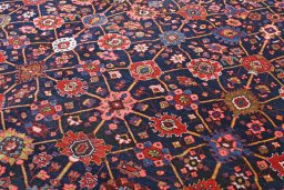 Full view of 1930s Bijar rug from Iran / Persia, 566 × 389 cm in Blue tones