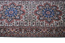 Full view of New Bijar rug from Iran / Persia, 337 × 68 cm in Beige tones