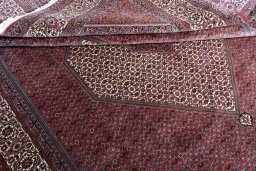 Corner detail of New Bijar rug showing border pattern and Cork pile