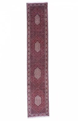 Full view of New Bijar rug from Iran / Persia, 405 × 76 cm in Red tones
