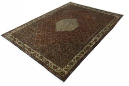 Corner detail of 2000s Bijar rug showing border pattern and Wool pile
