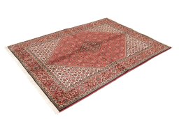 Corner detail of 2020s Bijar rug showing border pattern and Wool pile