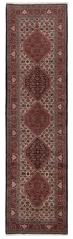 Full view of New Bijar rug from Iran / Persia, 305 × 85 cm in Multi Color tones