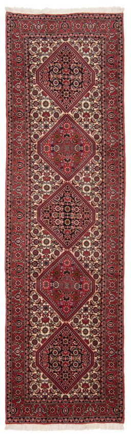Full view of New Bijar rug from Iran / Persia, 299 × 84 cm in Multi Color tones