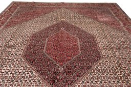 Full view of New Bijar rug from Iran / Persia, 410 × 300 cm in Beige tones