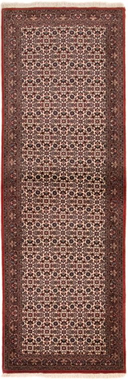 Full view of New Bijar rug from Iran / Persia, 230 × 73 cm in Beige tones