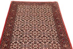 Full view of New Bijar rug from Iran / Persia, 230 × 73 cm in Beige tones